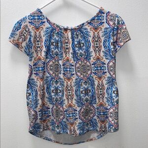 Haute Monde Blue Graphic Short Sleeve Blouse